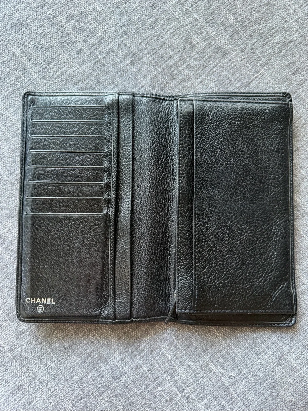 CHANEL Black Long Wallet Silver CC Logo